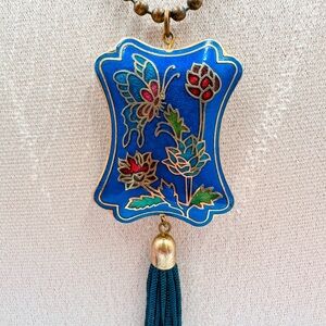 Vintage Cloisonné Butterfly and Flowers Tassle Necklace
